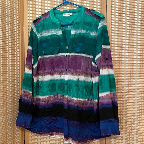 Calvin Klein‎ Tie Dye Color Block Dress Shirt Size OX 12W Bright Colorful - Picture 1 of 12